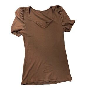 Khaki Brown Ribbed Notched Neck Puffed Short Sleeve Top PY0900 Medium